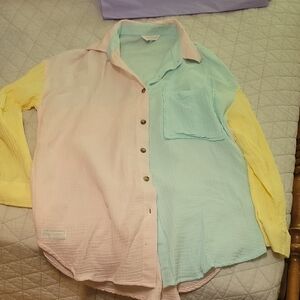 Simply Southern Pastel Colorblock Button Down Shirt NWOT
